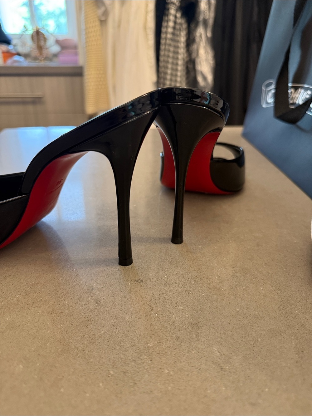 Christian Louboutin Black Patent Peep-Toe Mules with Red Sole - Picture 6 of 6